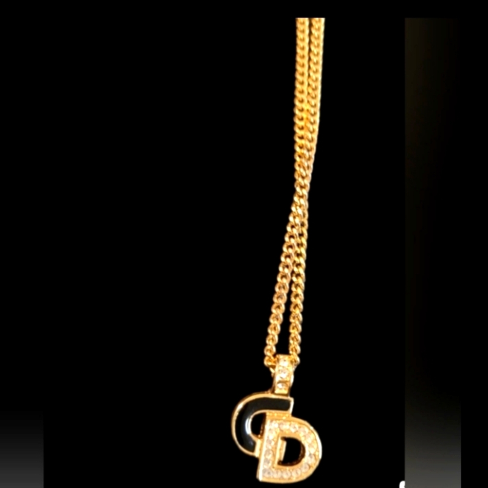 Auth.Christian Dior Enamel and crystal CD logo gold plated Thick Chain necklace.